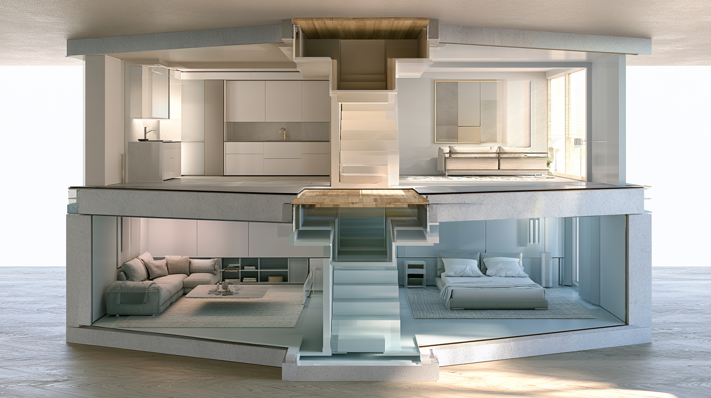 Cutaway of two stacked apartment rooms sharing a floor-ceiling structure